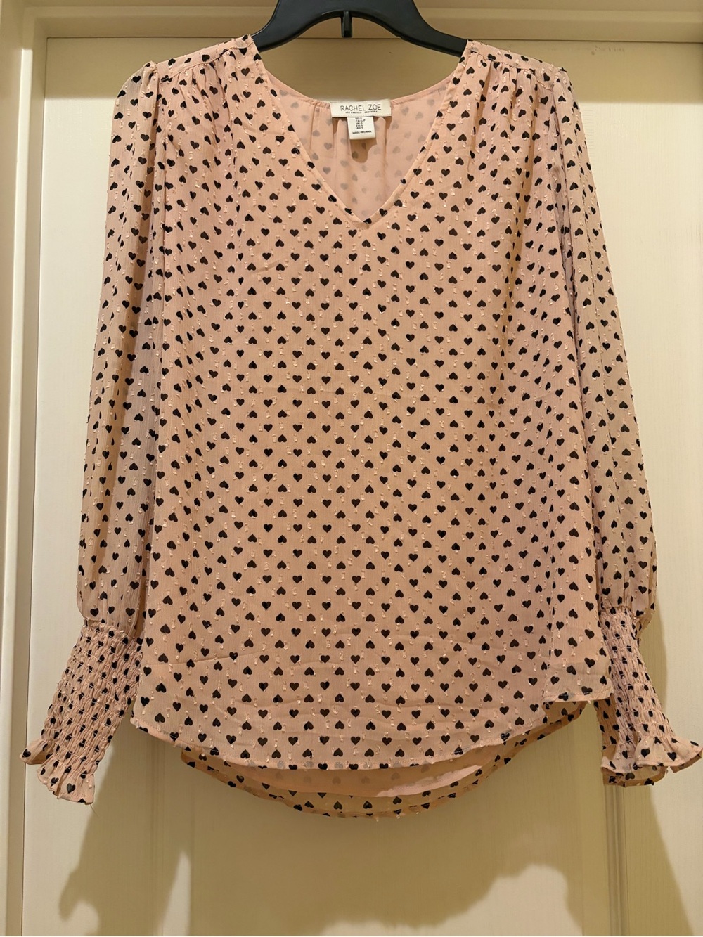 Rachel Zoe Pink Heart Print V-Neck Long Sleeve Blouse
